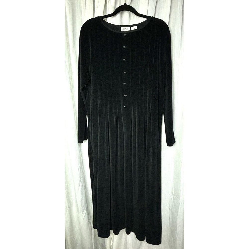 Vintage Erika Company Womens 1X Velvet Midi Dress Black Velour Long Pleated EUC